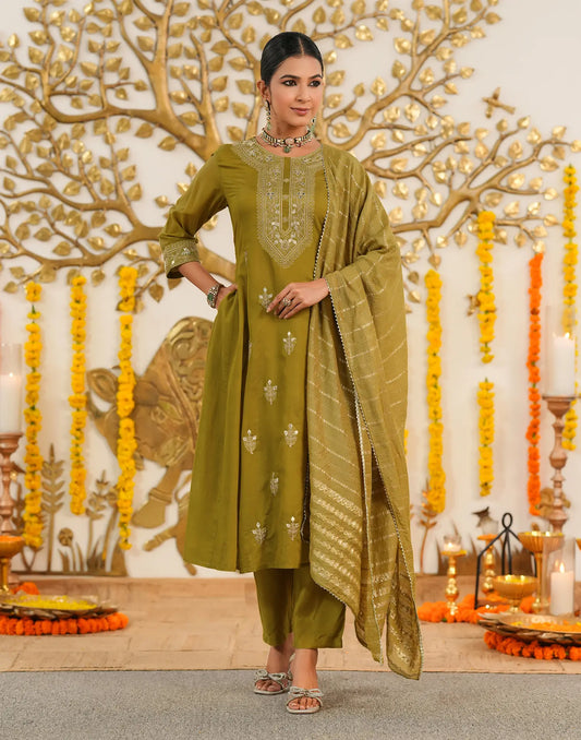 Olive Green Front-Slit Round Neck Gota Patti Anarkali 3-Piece Kurta Set with Dupatta