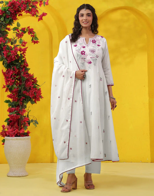 Mul Chanderi Embroidered Straight 3 Piece Kurta Set