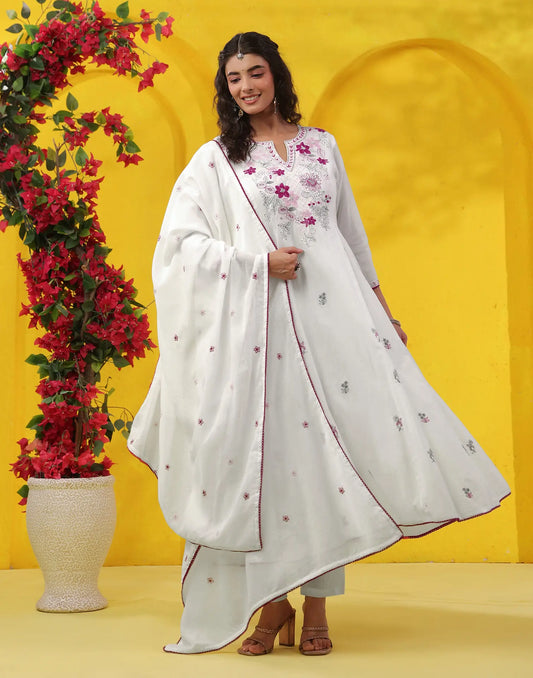 Mul Chanderi Embroidered Straight 3 Piece Kurta Set