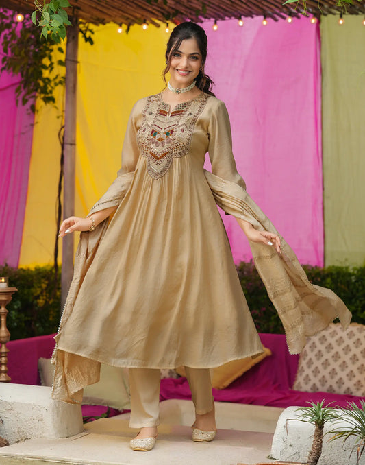 Mul Chanderi Embroidered Anarkali 3 Piece Kurta Set