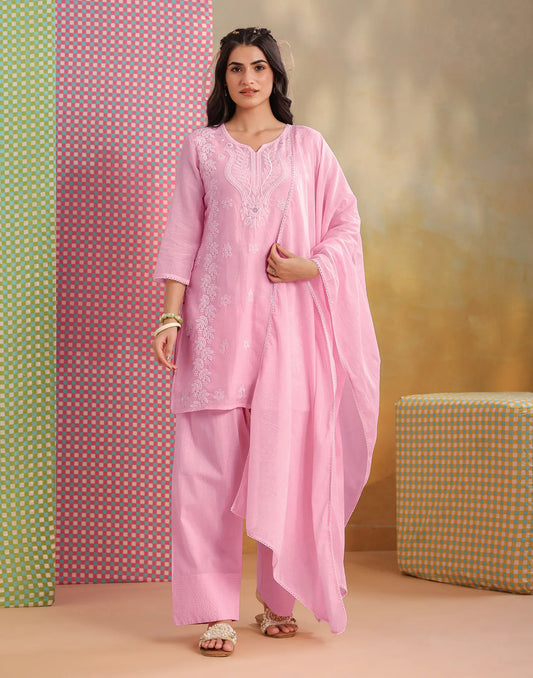 Pure Cotton Embroidered Straight 3 Piece Kurta Set With Dupatta
