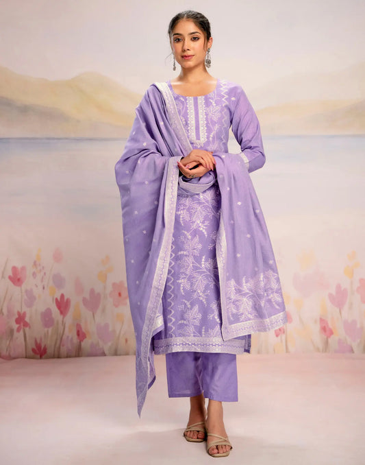Lavender Mist Purple Round Neck Weaving Straight 3 Piece Kurta Set With Dupatta
