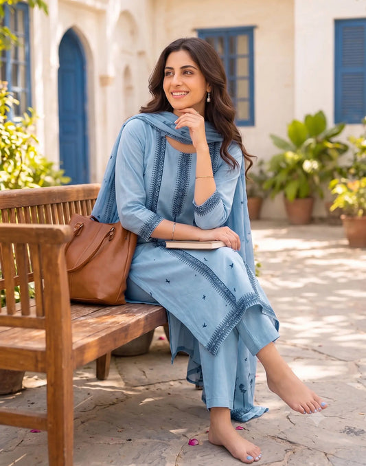 Cotton Woven Straight 3 Piece Kurta Set With Dupatta