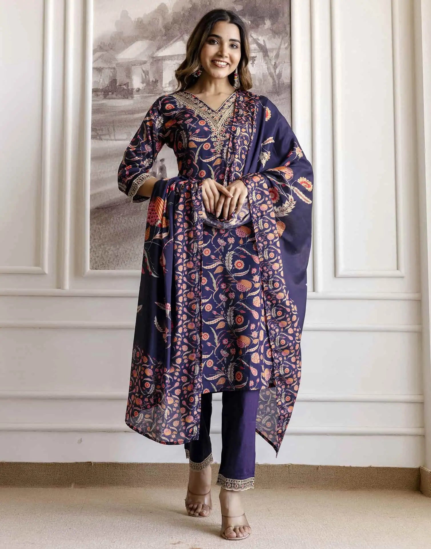 Blue Cotton Printed Straight Kurta Set with Pant & Dupatta for Women under 1299
