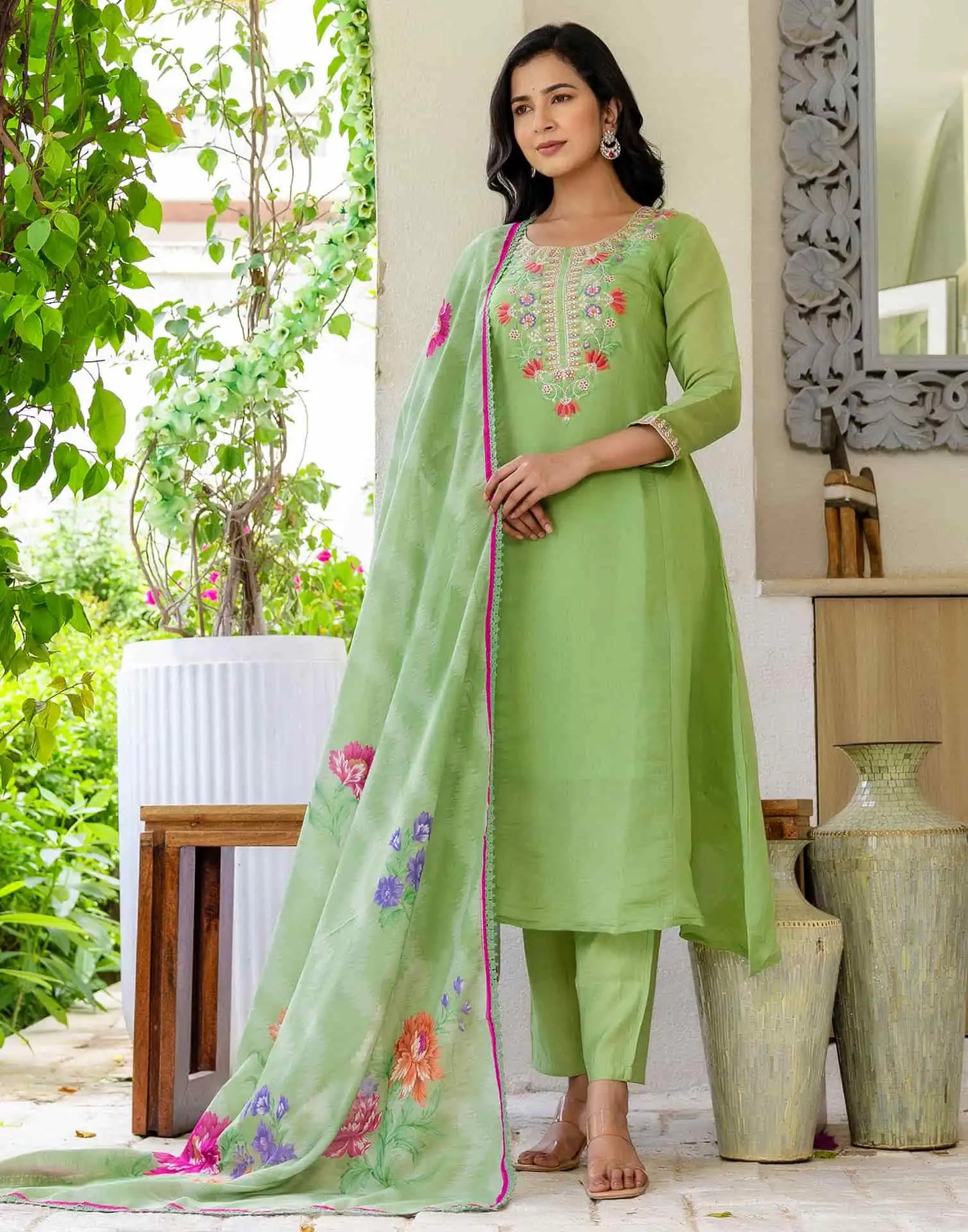 Silk Embroidered A-Line Kurta with Pant & Dupatta