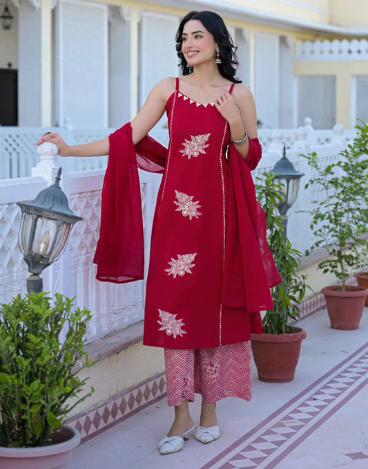 Tango Red Sweetheart Strap Neck Embellished A-Line 3 Piece Kurta Set With Dupatta