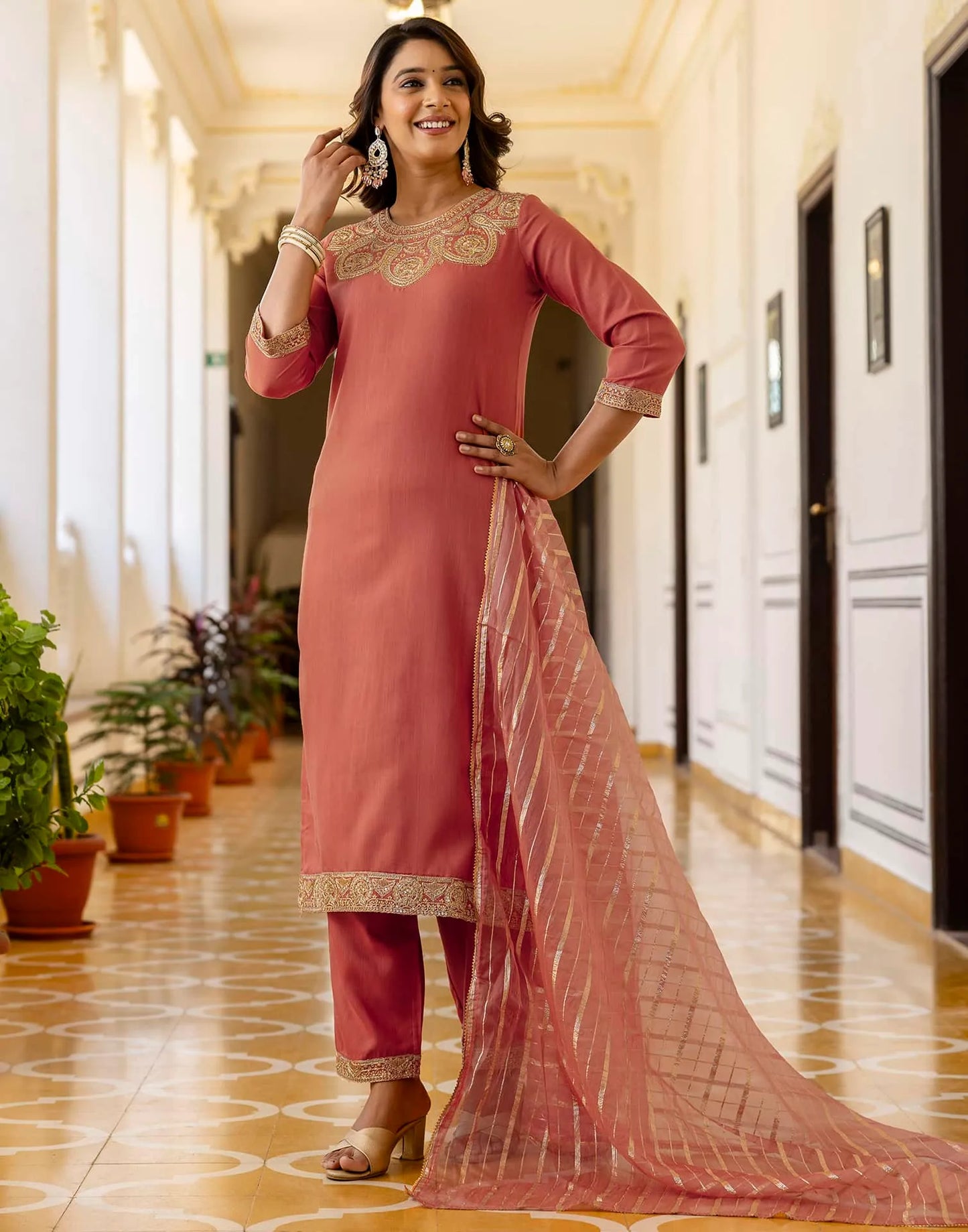 Cotton Blend Sequence, Embroidery and Lace Straight Kurta with Pant & Dupatta