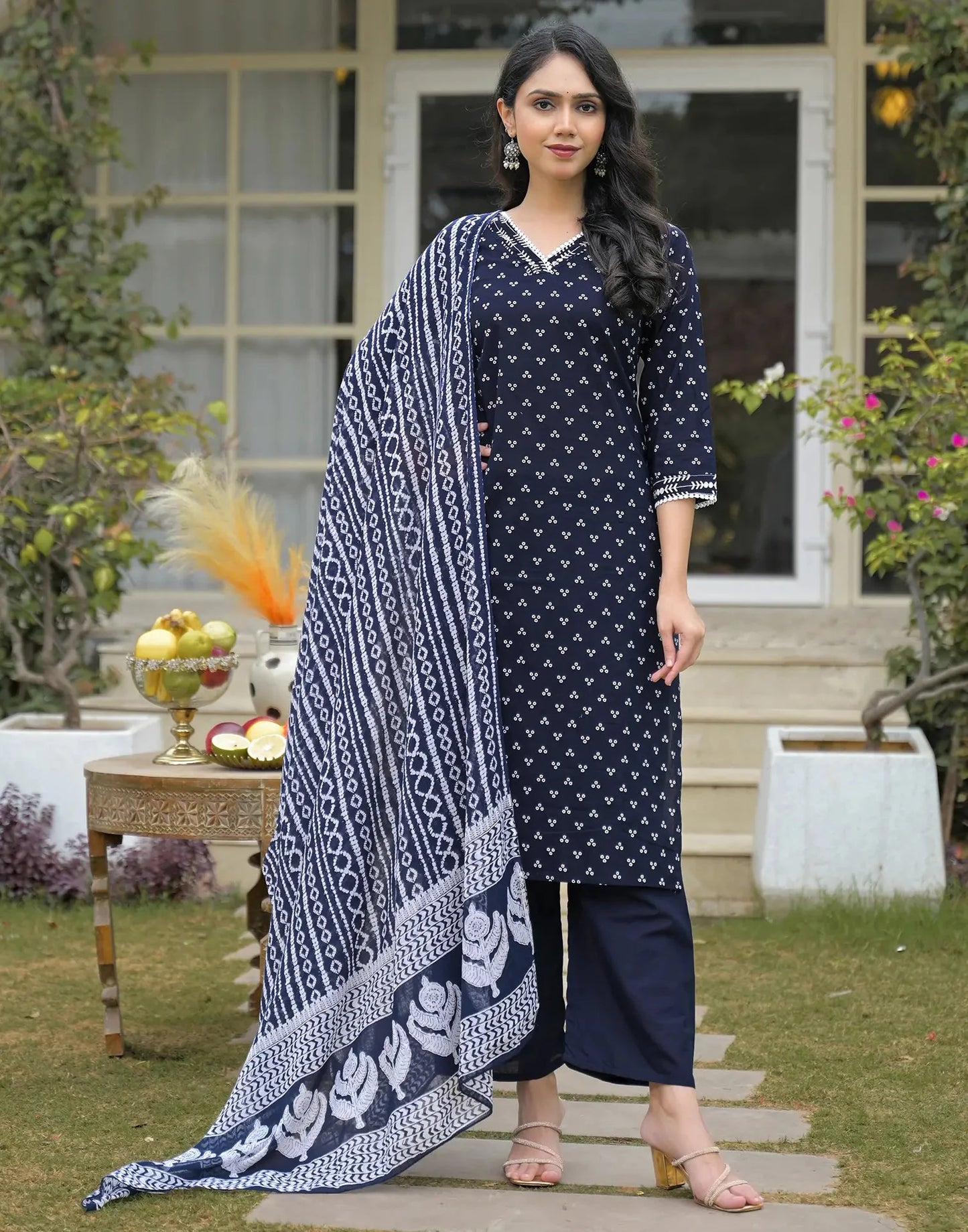 Cotton Printed V-Neck Straight Kurta with Pant & Dupatta