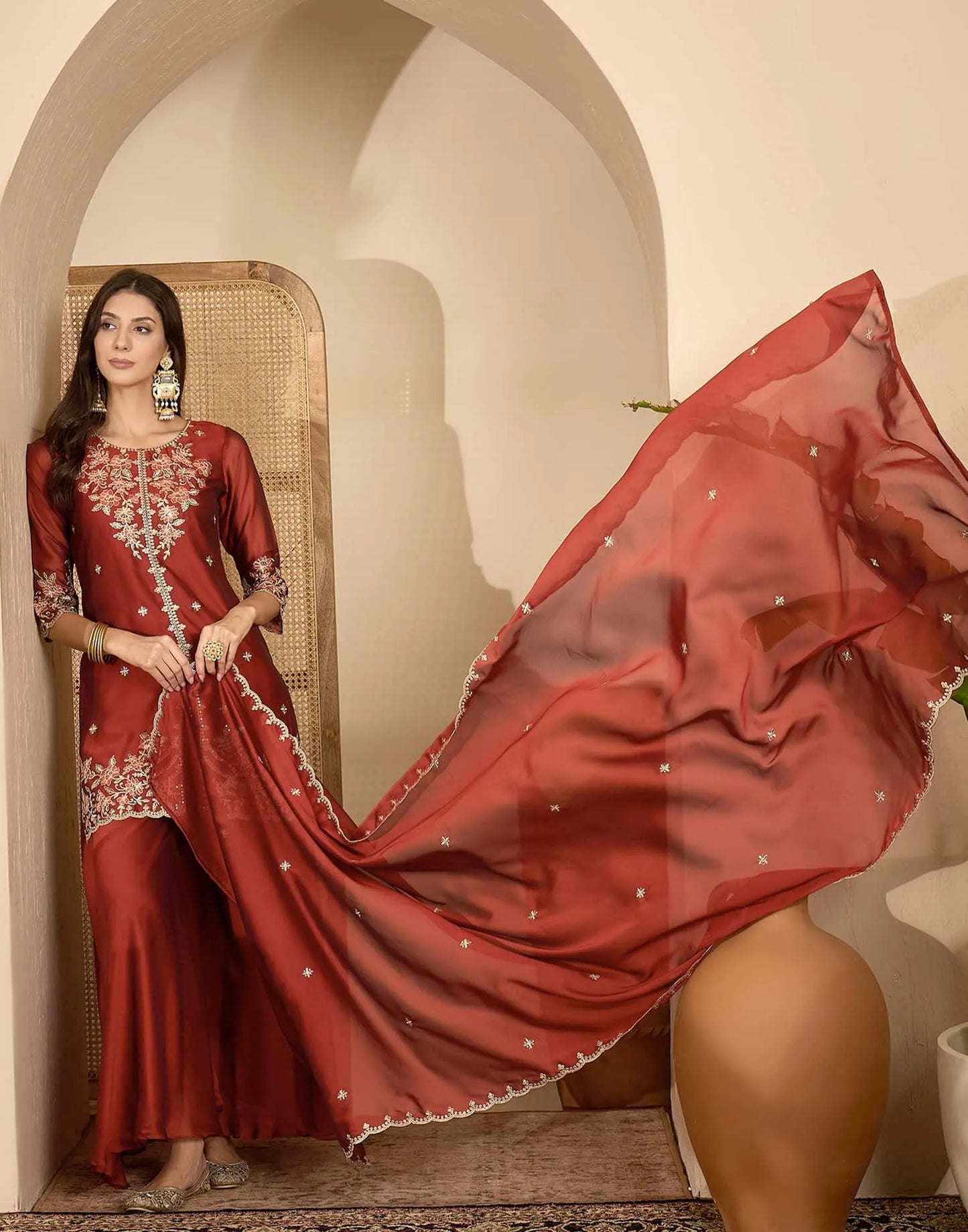 Silk Straight Embroidery Round Neck Kurta with Pant & Dupatta