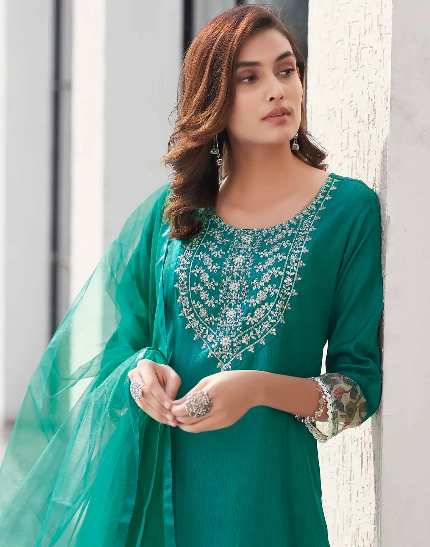 Silk Blend Sequence Embroidery Work and Lace Straight Kurta with Pant & Dupatta