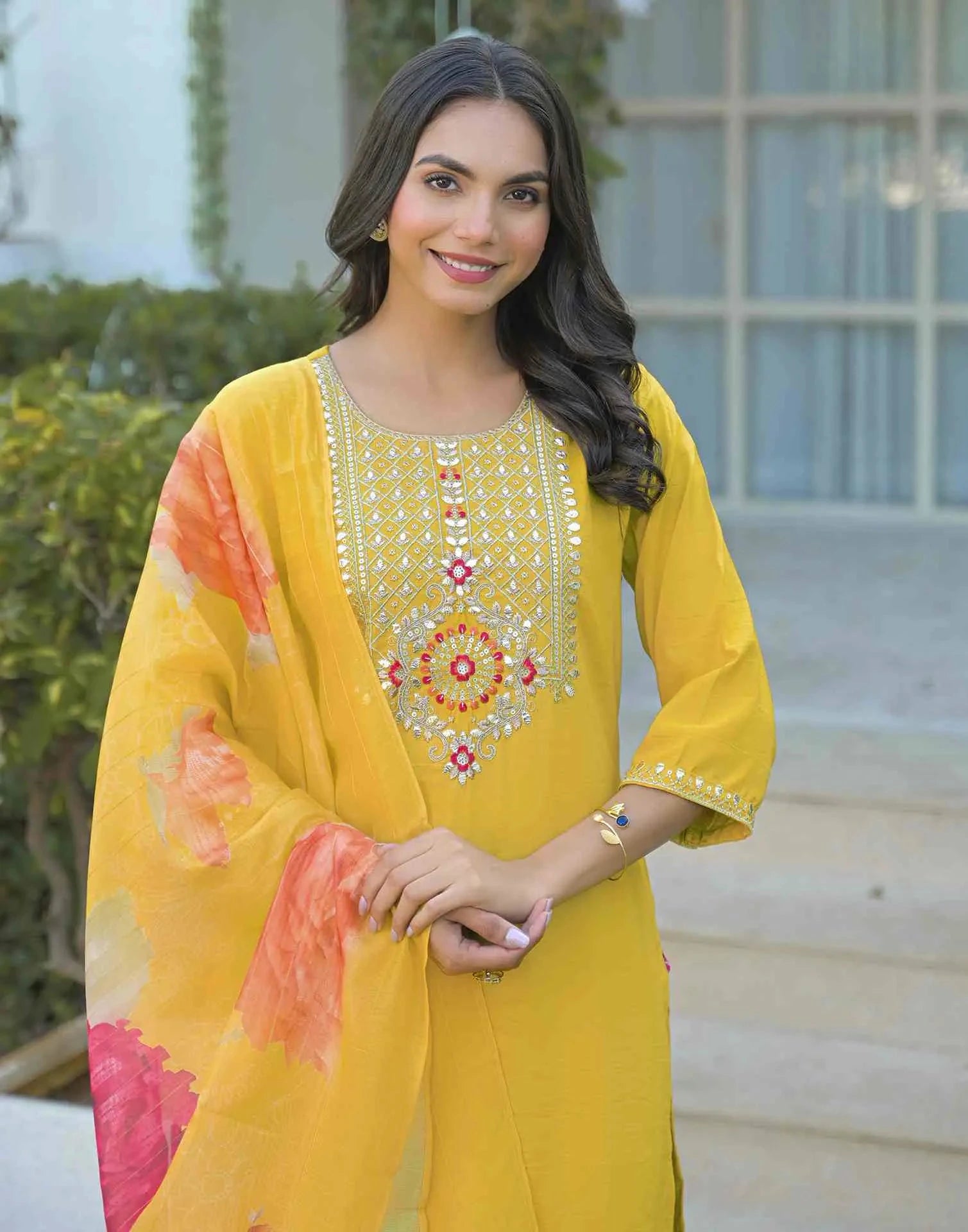Silk Embroidered Straight Round Neck Kurta with Pant & Dupatta