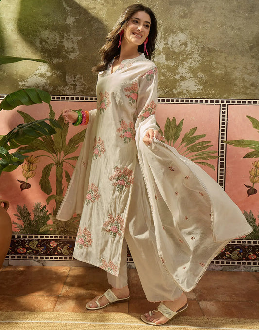 Mul Chanderi Embroidered Straight 3 Piece Kurta Set