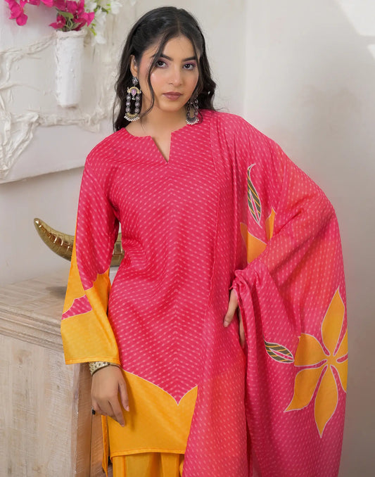 Muslin Silk Printed Farshi Salwar 3 Piece Kurta Set