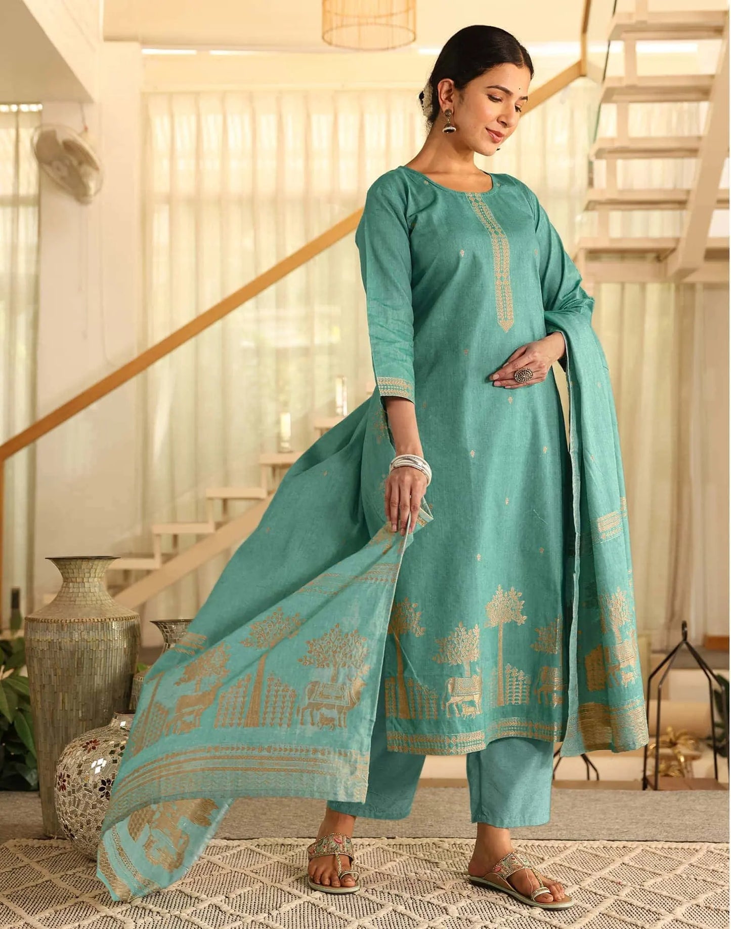 Cotton Weaving Straight Kurta with Pant & Dupatta