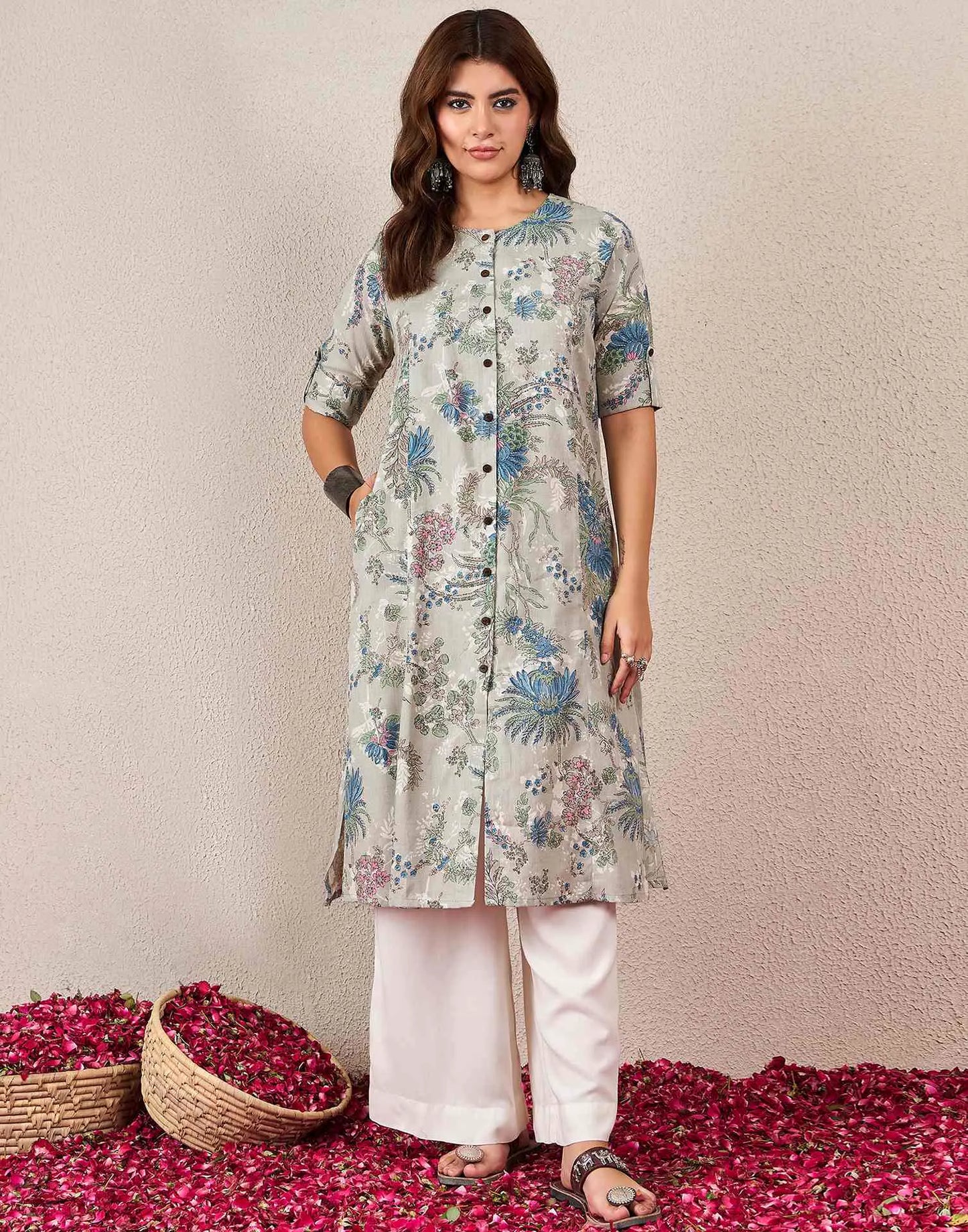 Cotton Printed A-line Round Neck Kurti