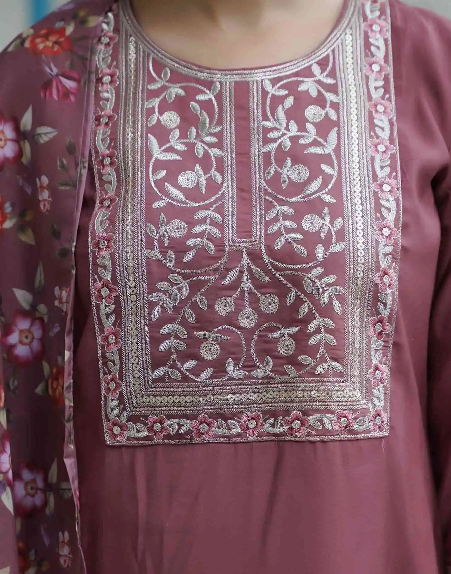 Silk Blend Embroidered Straight Kurta with Pant & Dupatta