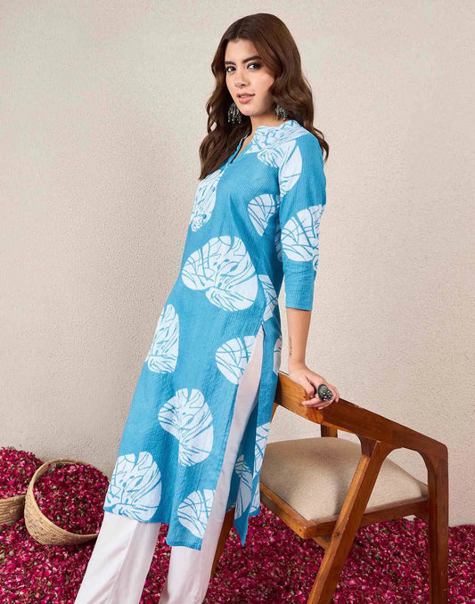 Cotton Embroidered Straight Mandarin Collar Kurti