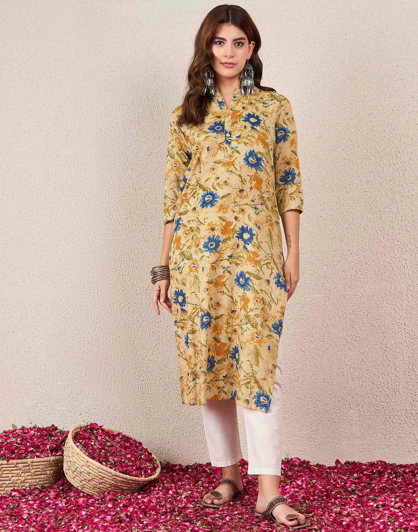 Cotton Embroidered Straight Mandarin Collar Kurti