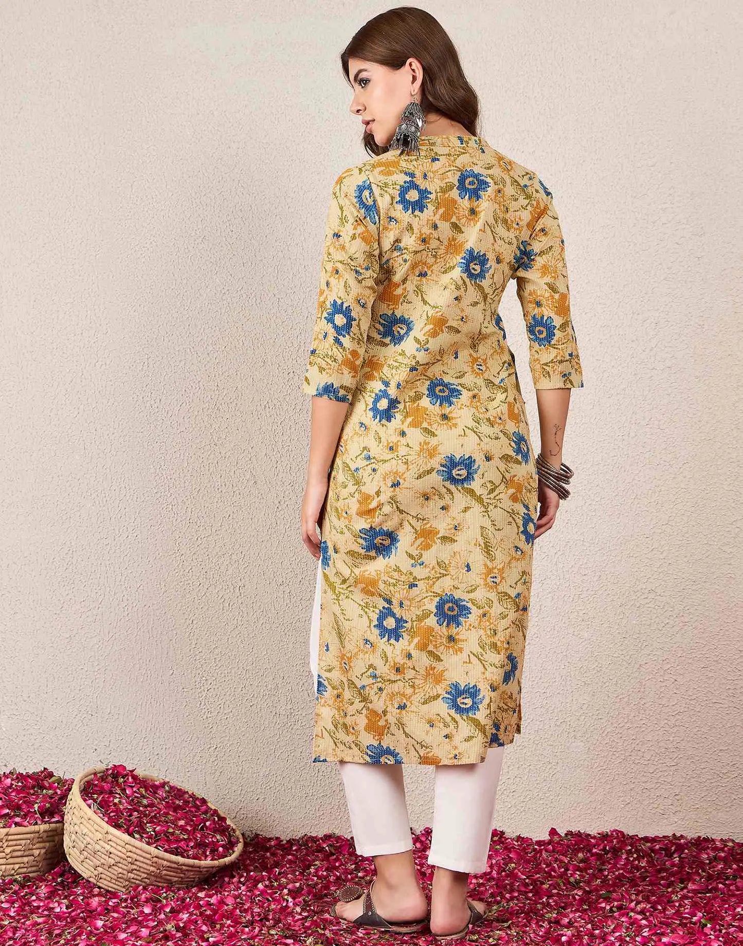 Cotton Embroidered Straight Mandarin Collar Kurti