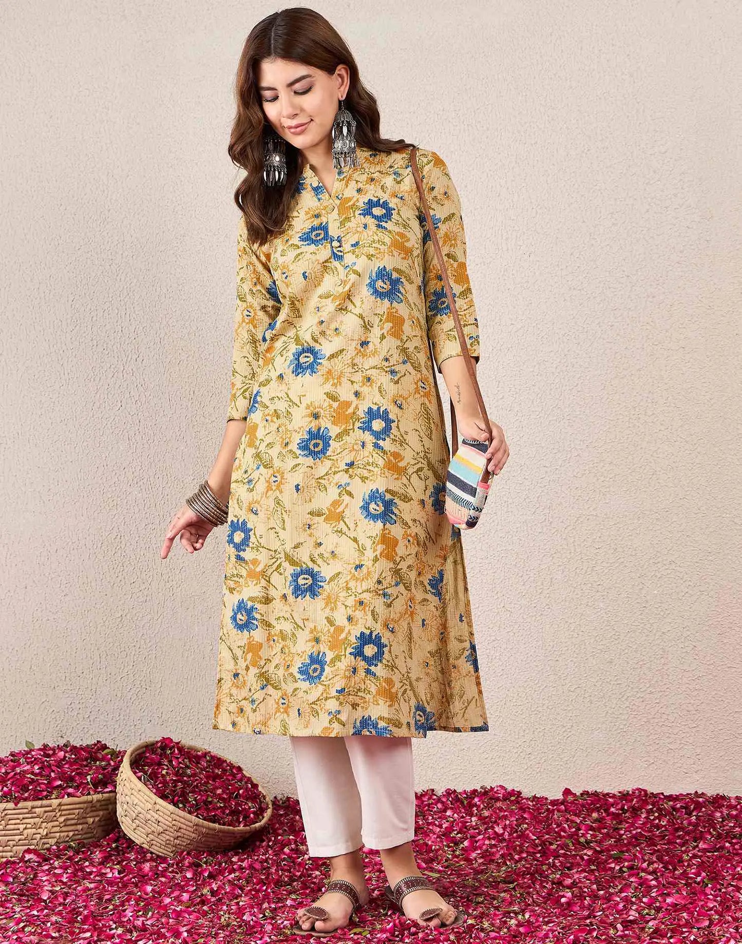 Cotton Embroidered Straight Mandarin Collar Kurti