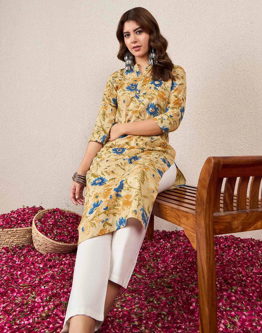 Cotton Embroidered Straight Mandarin Collar Kurti