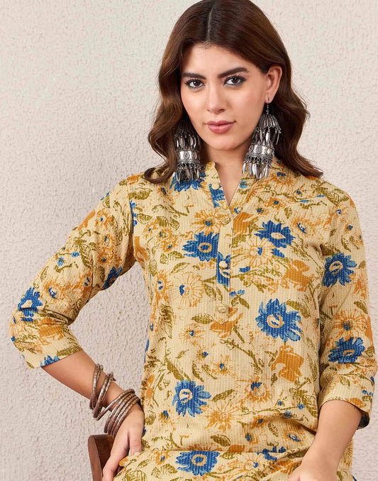 Cotton Embroidered Straight Mandarin Collar Kurti