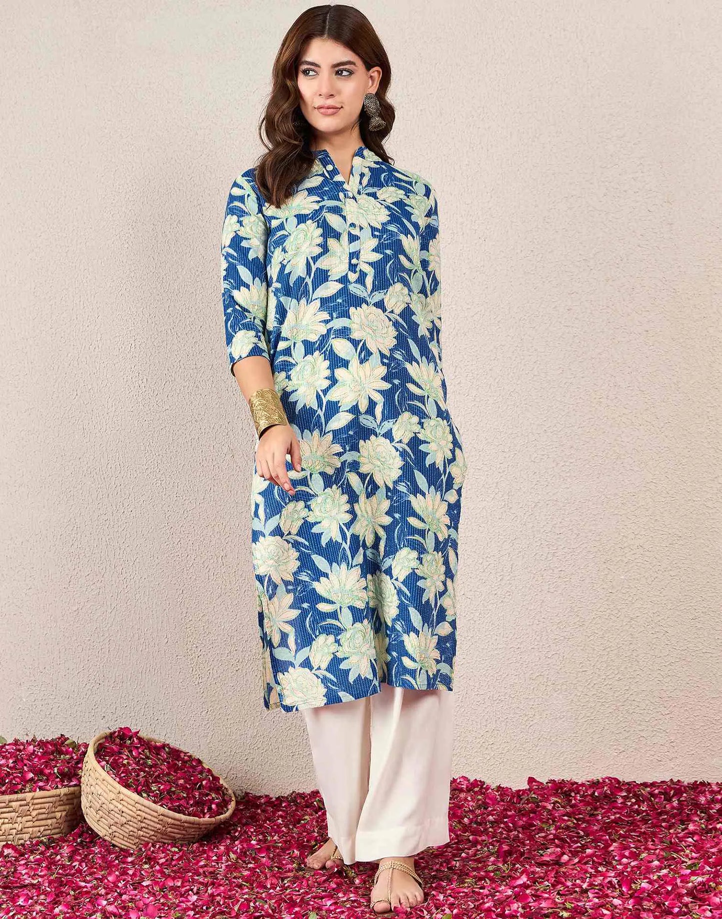 Cotton Embroidered Straight Mandarin Collar Kurti