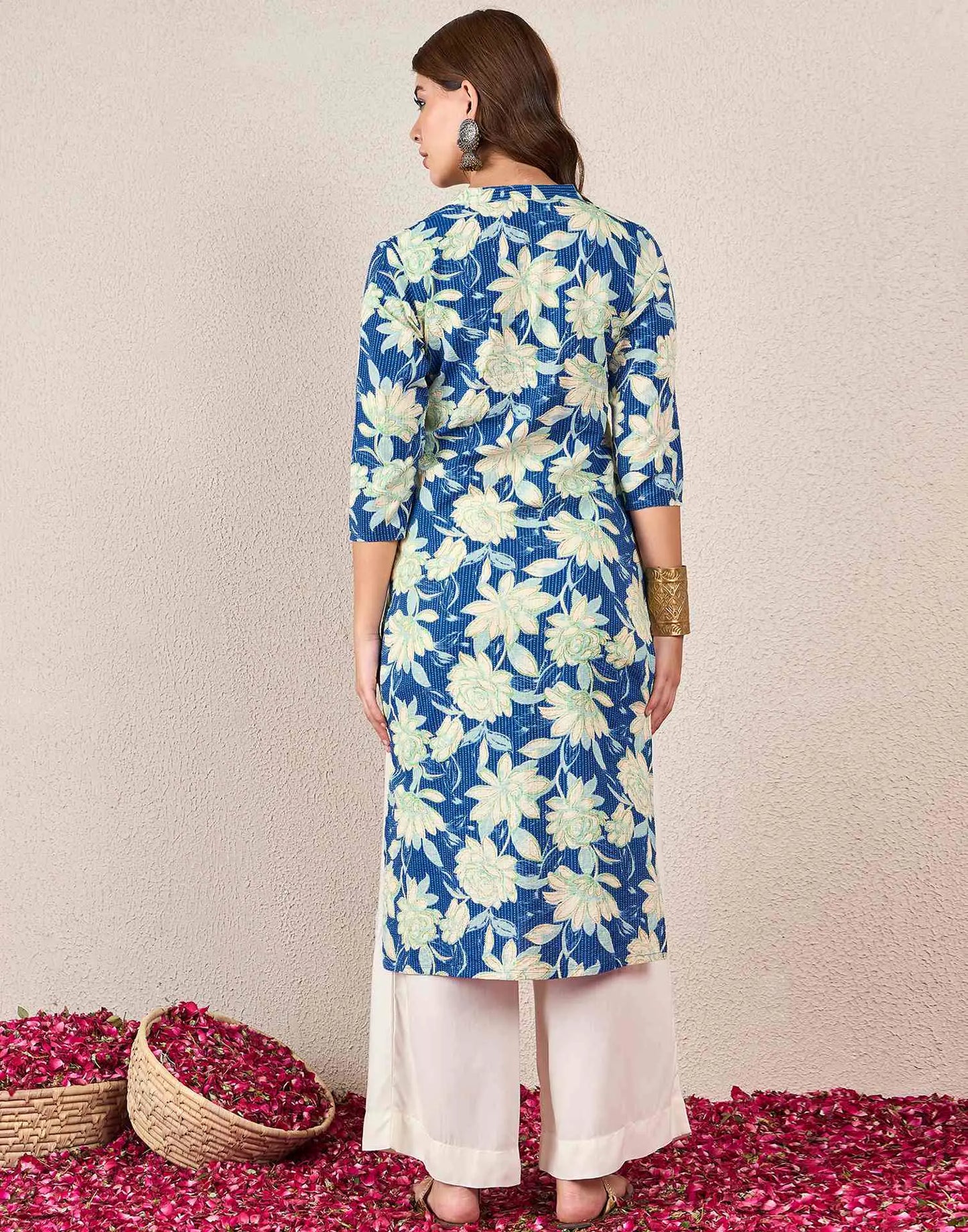 Cotton Embroidered Straight Mandarin Collar Kurti