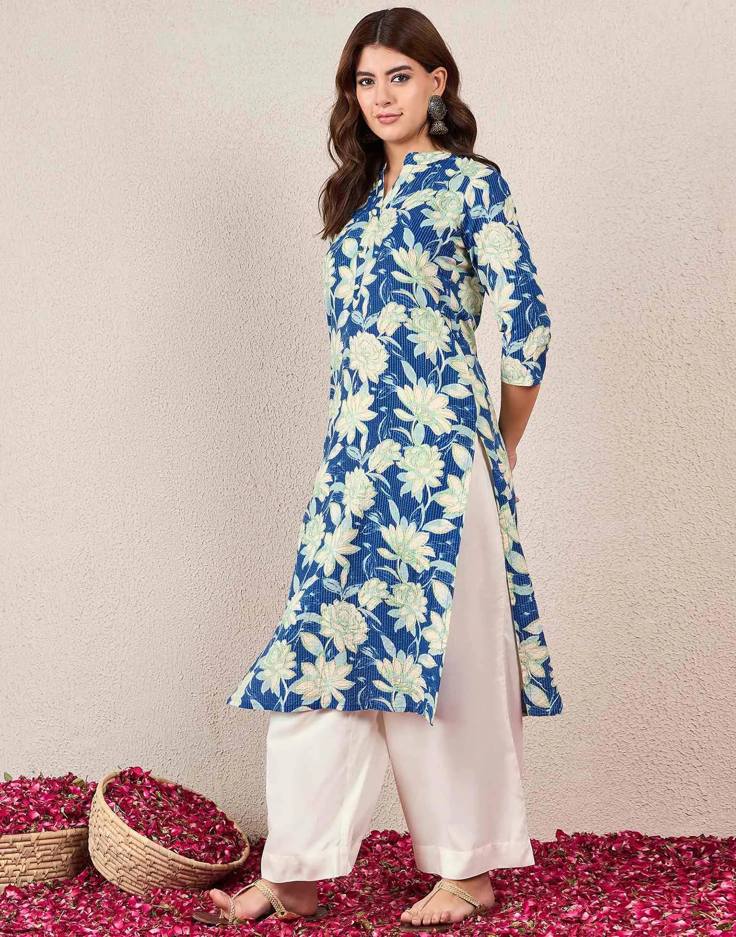 Cotton Embroidered Straight Mandarin Collar Kurti
