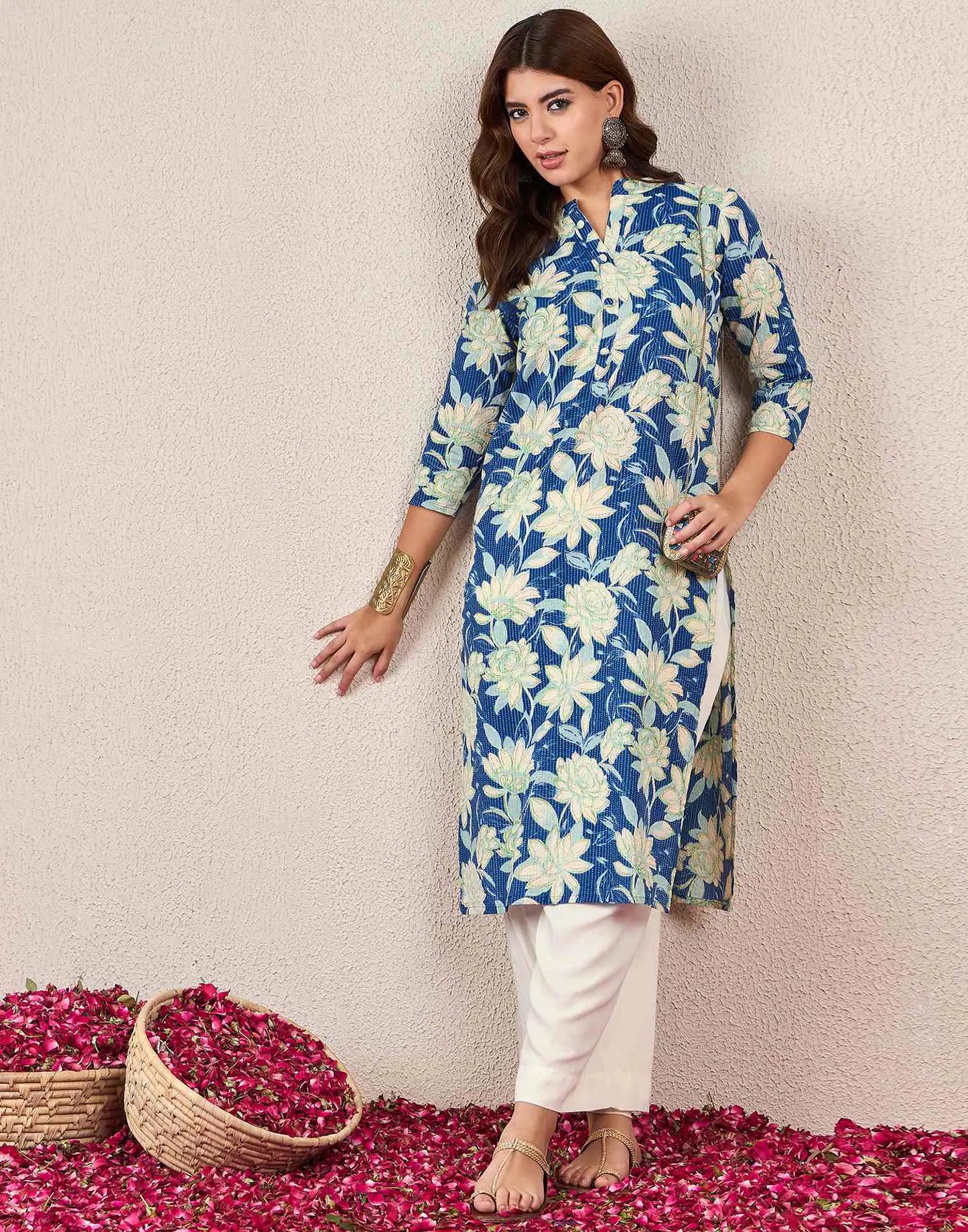 Cotton Embroidered Straight Mandarin Collar Kurti