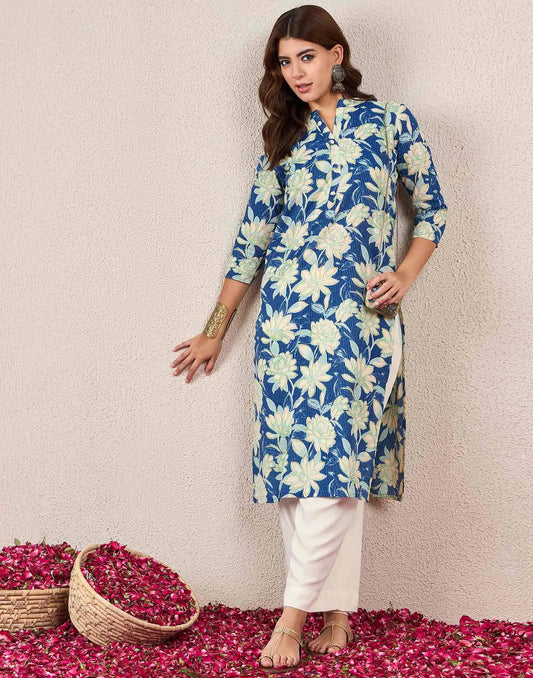Cotton Embroidered Straight Mandarin Collar Kurti