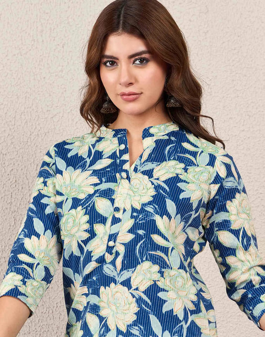 Cotton Embroidered Straight Mandarin Collar Kurti