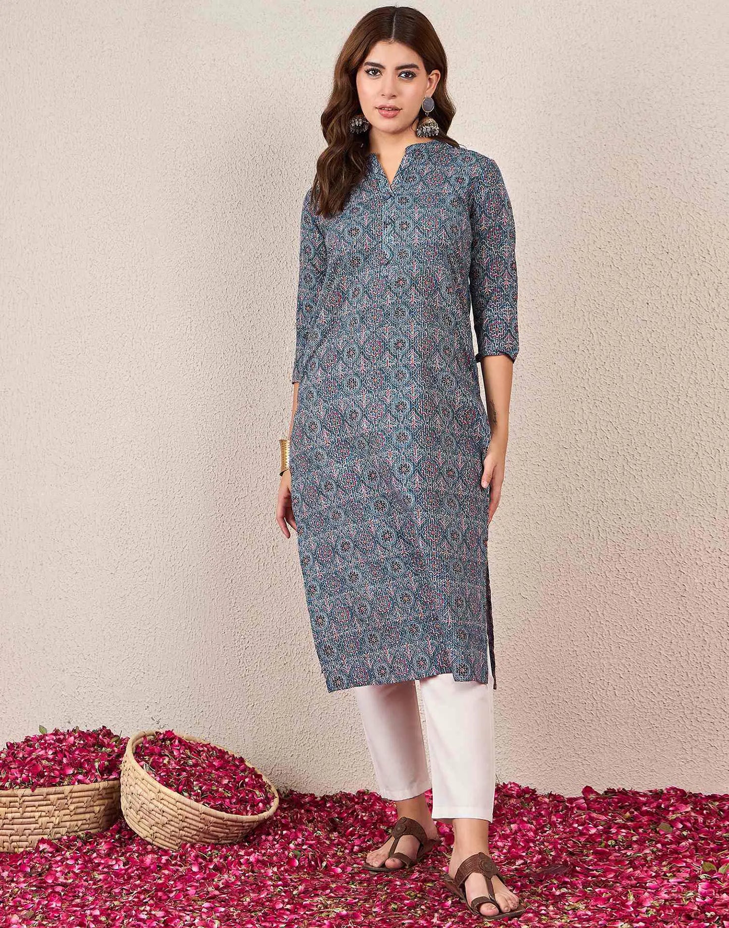 Cotton Embroidered Straight Round Neck Kurti