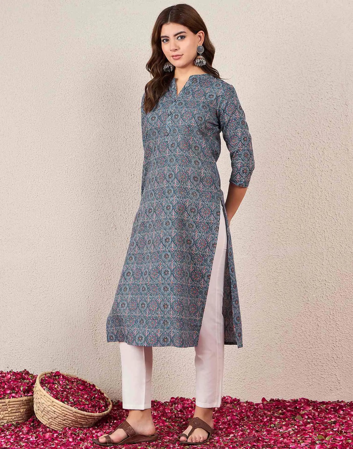 Cotton Embroidered Straight Round Neck Kurti
