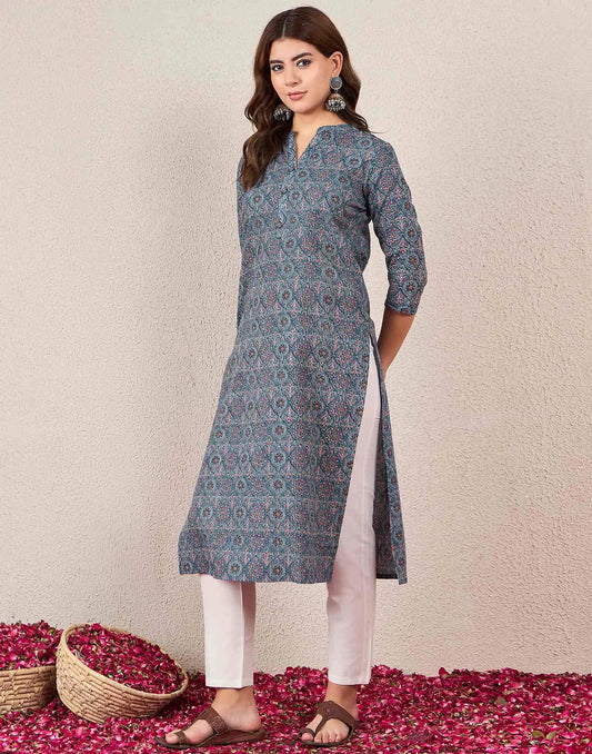 Cotton Embroidered Straight Round Neck Kurti