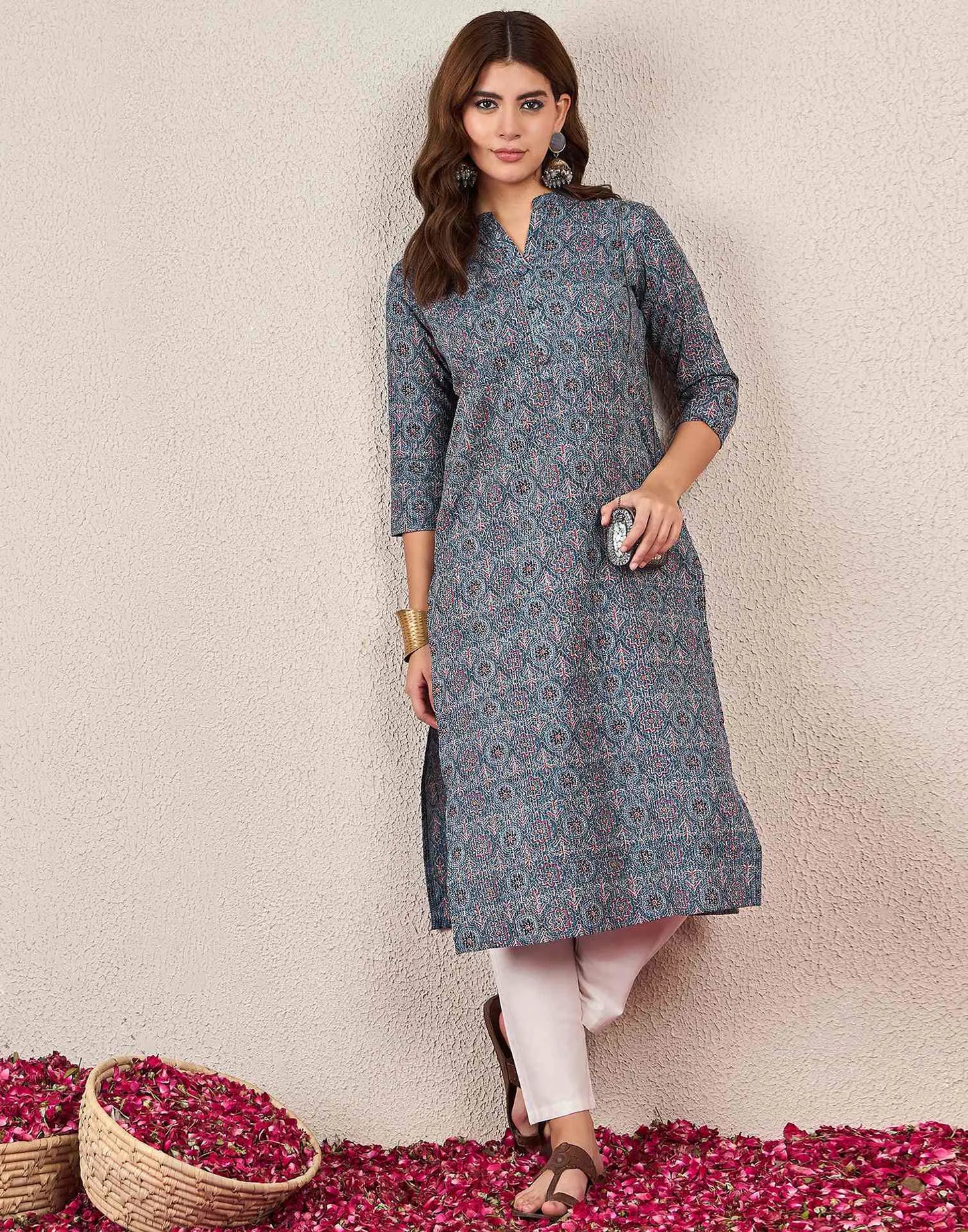 Cotton Embroidered Straight Round Neck Kurti