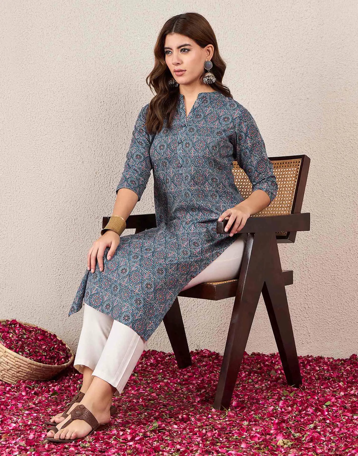 Cotton Embroidered Straight Round Neck Kurti