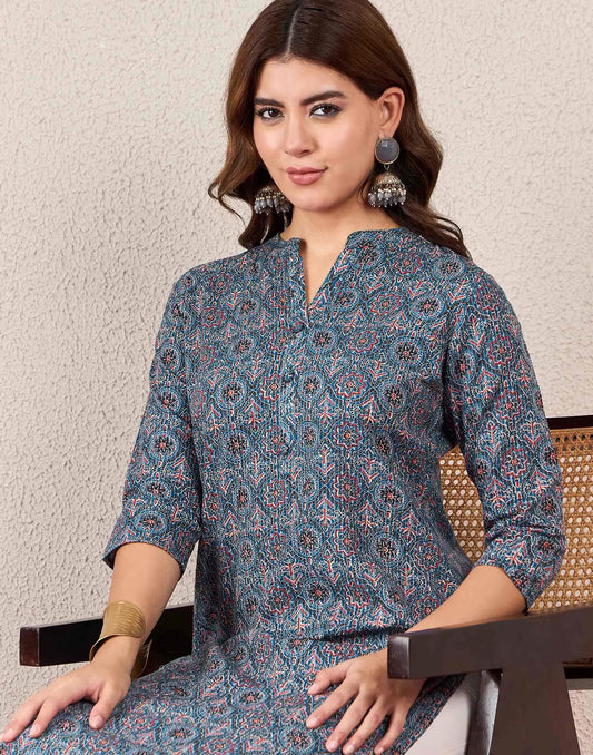 Cotton Embroidered Straight Round Neck Kurti