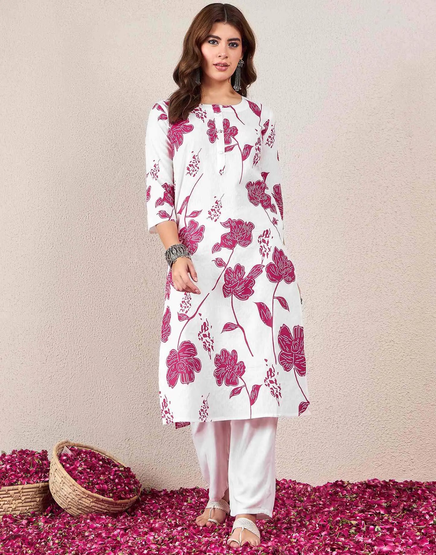 Cotton Embroidered Straight Round Neck Kurti