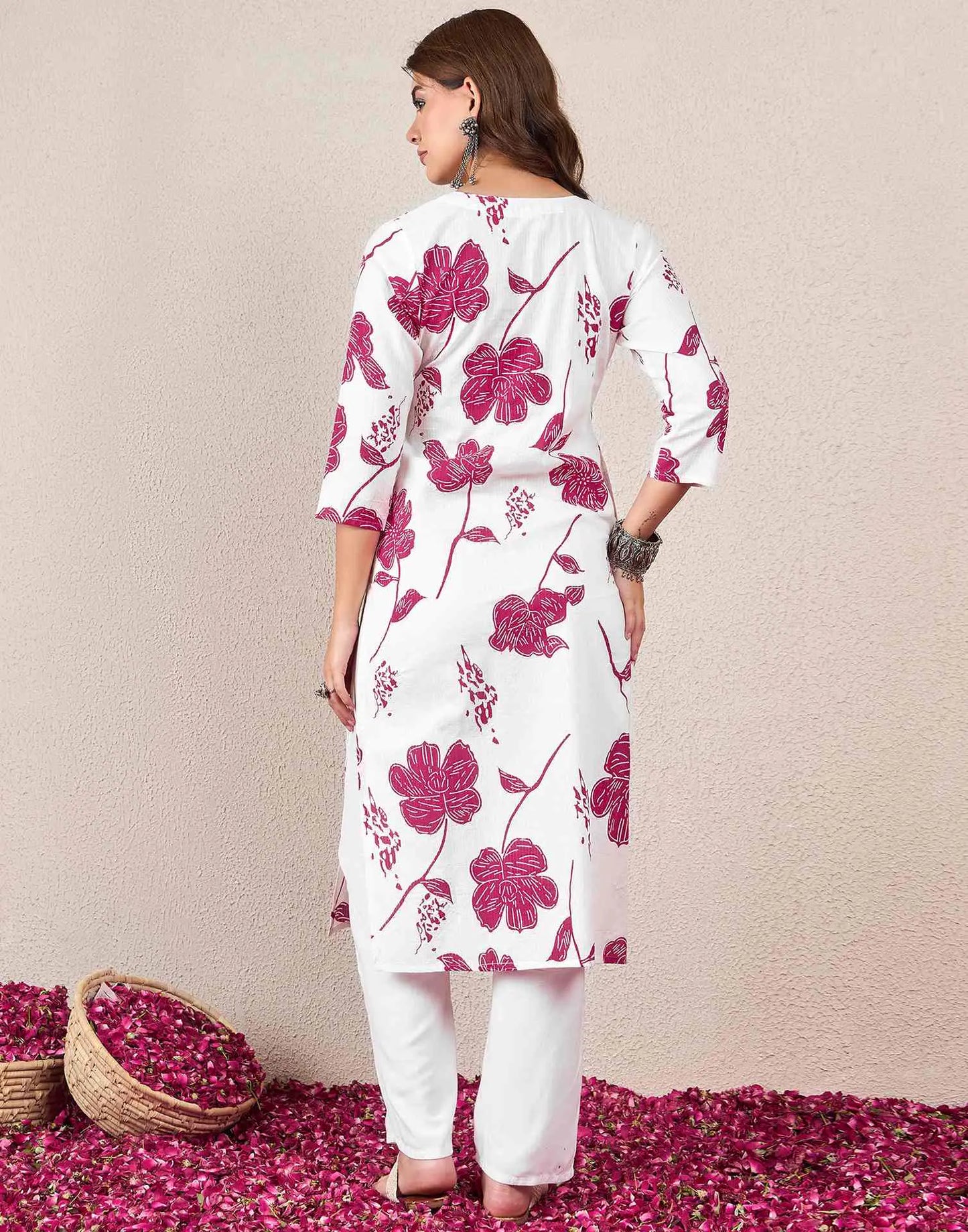 Cotton Embroidered Straight Round Neck Kurti