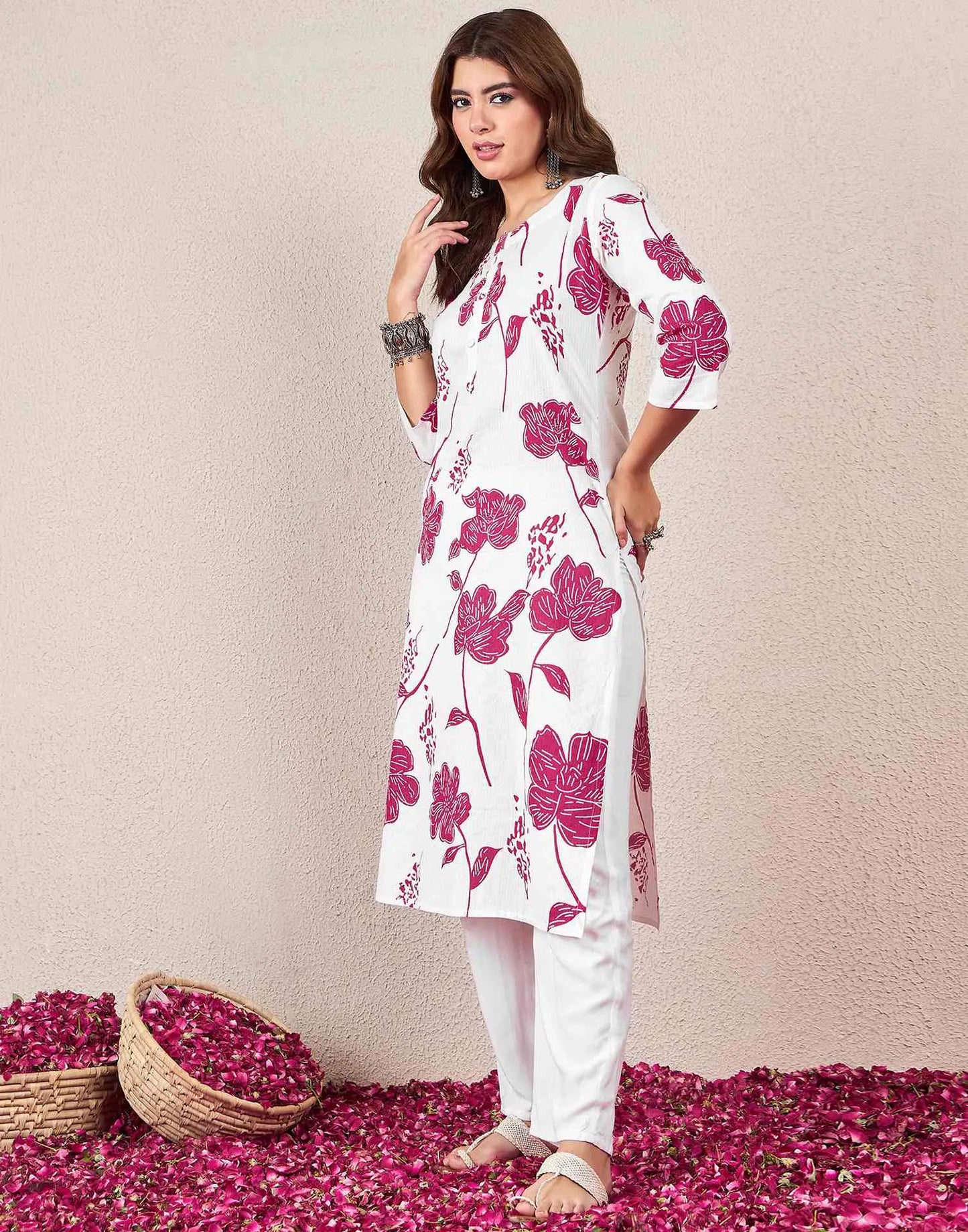 Cotton Embroidered Straight Round Neck Kurti