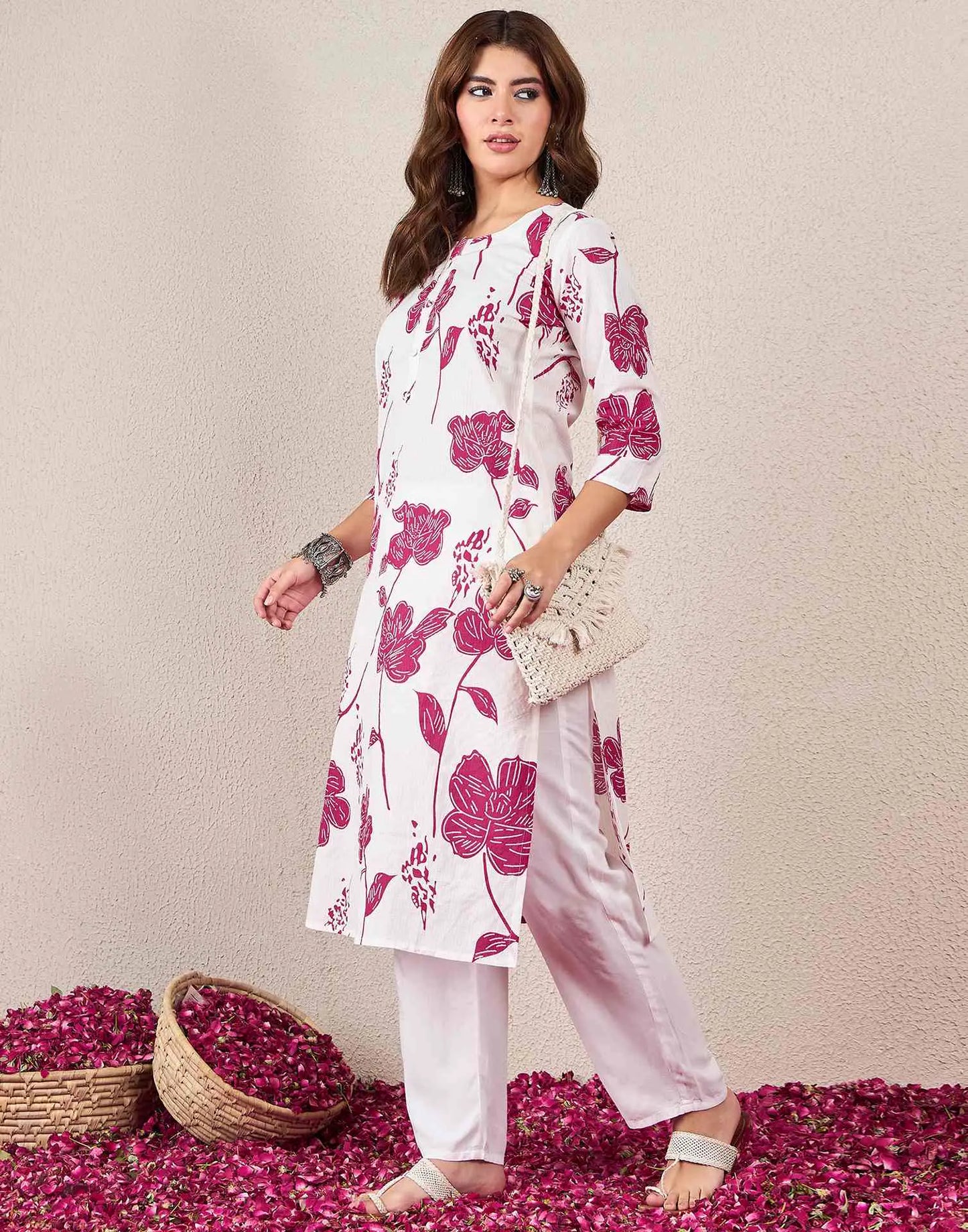 Cotton Embroidered Straight Round Neck Kurti