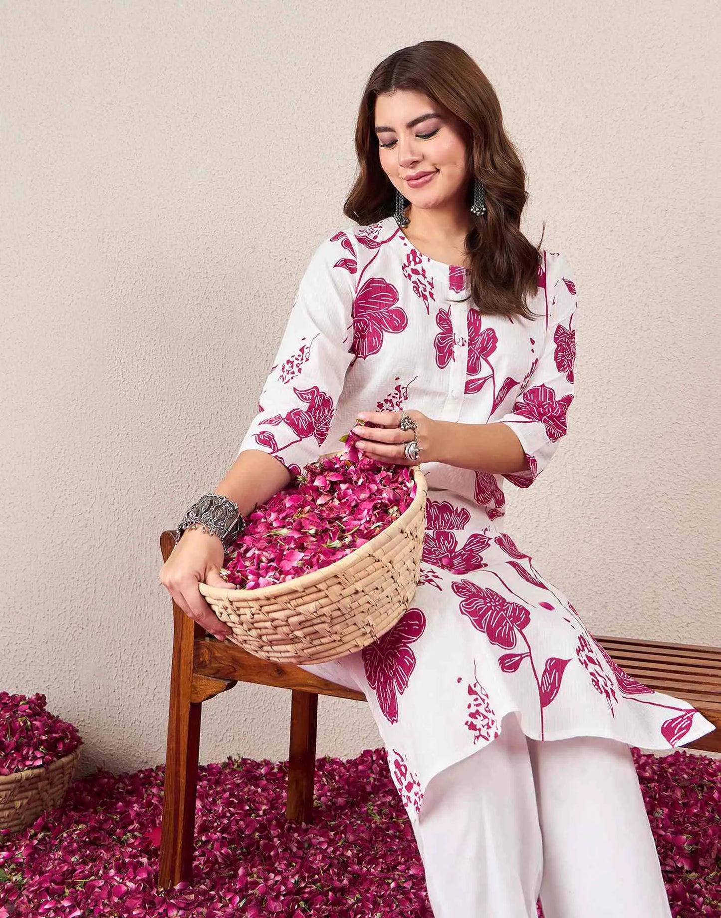 Cotton Embroidered Straight Round Neck Kurti