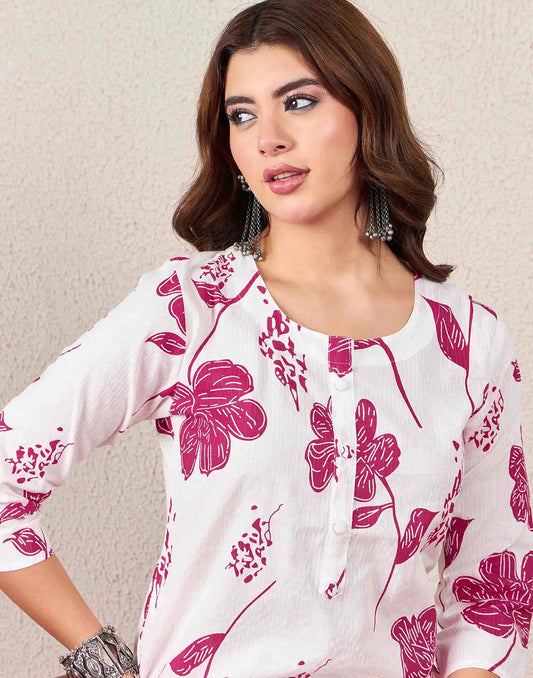 Cotton Embroidered Straight Round Neck Kurti