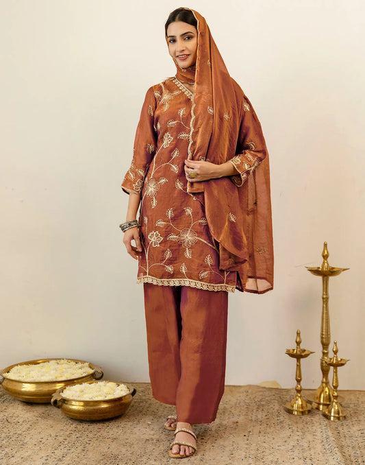 Rust & Antique Copper V-Neck Floral Embroidered Palazzo 3 Piece Kurta Set With Dupatta