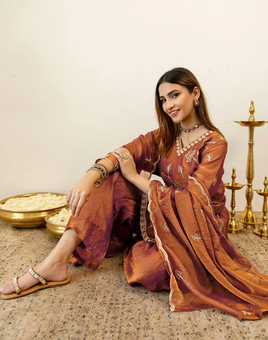 Rust & Antique Copper V-Neck Floral Embroidered Palazzo 3 Piece Kurta Set With Dupatta