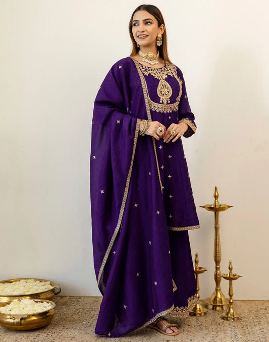 Royal Purple Round Neck Embroidered Palazzo 3 Piece Kurta Set With Dupatta