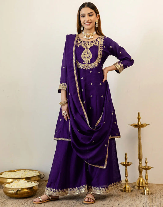 Royal Purple Round Neck Embroidered Palazzo 3 Piece Kurta Set With Dupatta