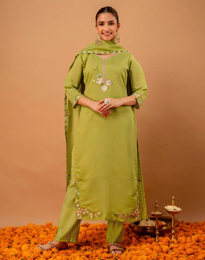 Pistachio Green V-Neck Thread Embroidery With Sequin Detailing Straight 3 Piece Kurta Set With Dupatta