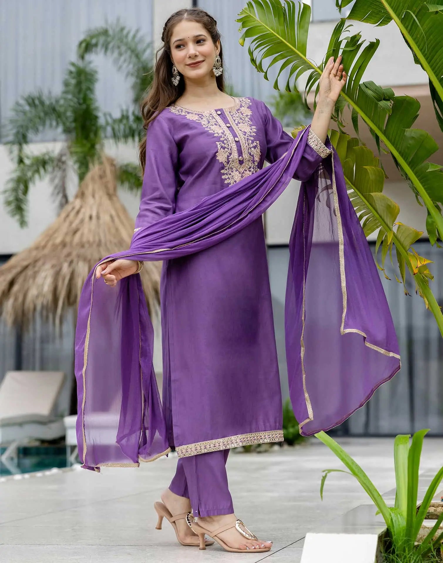 Purple Silk Embroidered Straight Kurta Set with Pant & Dupatta under 1299